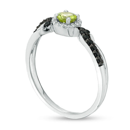 4.0mm Peridot and 0.17 CT. T.W. Enhanced Black and White Natural Diamond Frame Crossover Loop Promise Ring in Solid 10K White Gold