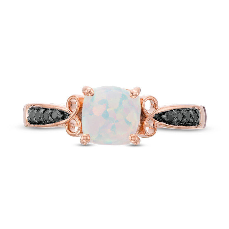 Cushion-Cut Lab-Created Opal and 0.05 CT. T.W. Enhanced Black Diamond Criss-Cross Loop Promise Ring in Solid 10K Rose Gold