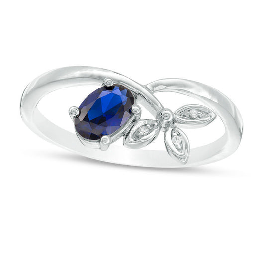 Oval Lab-Created Blue Sapphire and Diamond Accent Tri-Leaf Crossover Promise Ring in Sterling Silver