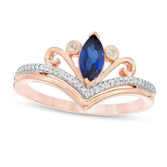 Marquise Lab-Created Blue Sapphire and 0.05 CT. T.W. Diamond Scroll Accent Chevron Promise Ring in Solid 10K Rose Gold