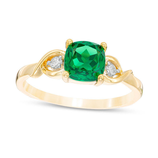 6.0mm Cushion-Cut Lab-Created Emerald and Diamond Accent Crossover Loop Promise Ring in Solid 10K Yellow Gold