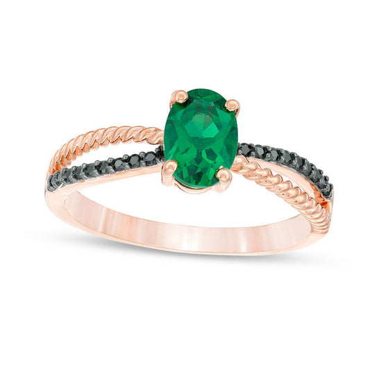 Oval Lab-Created Emerald and 0.07 CT. T.W. Enhanced Black Diamond Rope Crossover Shank Promise Ring in Solid 10K Rose Gold