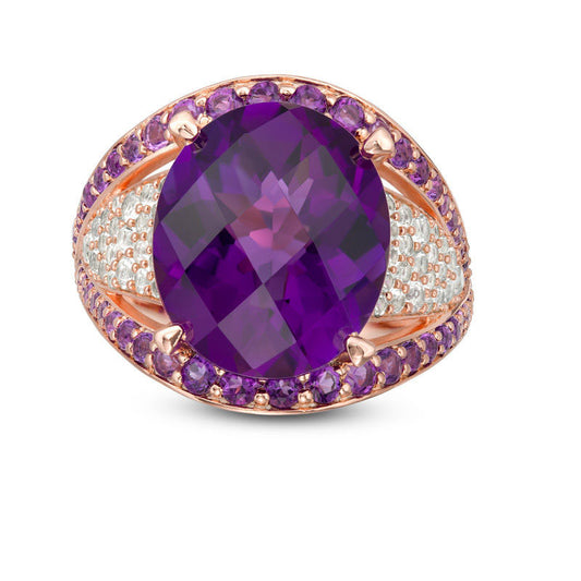 Oval Lab-Created Amethyst and White Sapphire Crossover Ring in Sterling Silver with Solid 14K Rose Gold Plate