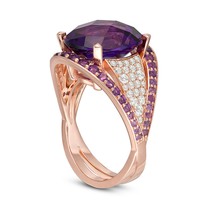 Oval Lab-Created Amethyst and White Sapphire Crossover Ring in Sterling Silver with Solid 14K Rose Gold Plate
