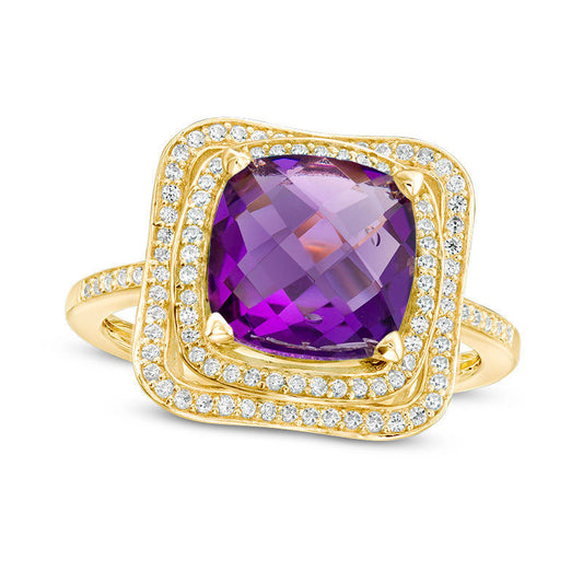 9.0mm Cushion-Cut Amethyst and Lab-Created White Sapphire Double Frame Ring in Sterling Silver with Solid 14K Gold Plate