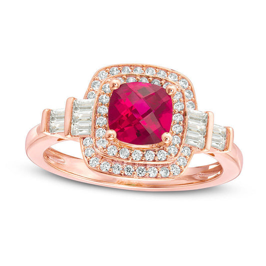 Cushion-Cut Lab-Created Ruby and White Sapphire Double Frame Art Deco Ring in Sterling Silver with Solid 14K Rose Gold Plate