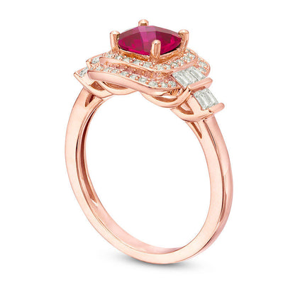 Cushion-Cut Lab-Created Ruby and White Sapphire Double Frame Art Deco Ring in Sterling Silver with Solid 14K Rose Gold Plate