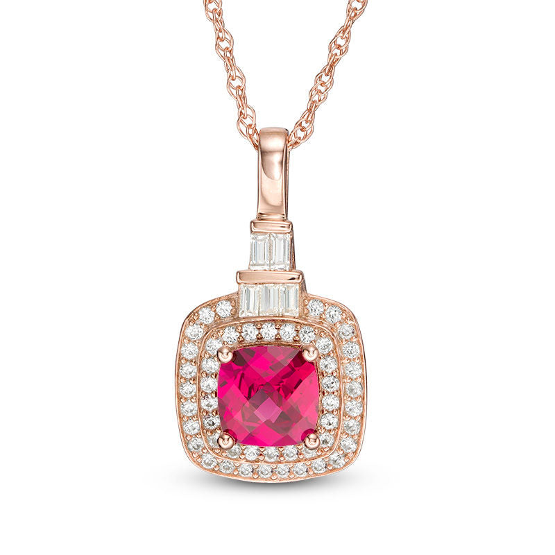 6.0mm Cushion-Cut Lab-Created Ruby and White Sapphire Double Frame Pendant in Sterling Silver with 14K Rose Gold Plate