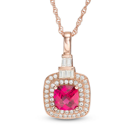 6.0mm Cushion-Cut Lab-Created Ruby and White Sapphire Double Frame Pendant in Sterling Silver with 14K Rose Gold Plate