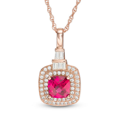 6.0mm Cushion-Cut Lab-Created Ruby and White Sapphire Double Frame Pendant in Sterling Silver with 14K Rose Gold Plate