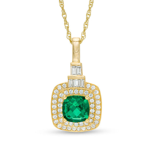 6.0mm Cushion-Cut Lab-Created Emerald and White Sapphire Double Frame Pendant in Sterling Silver with 14K Gold Plate