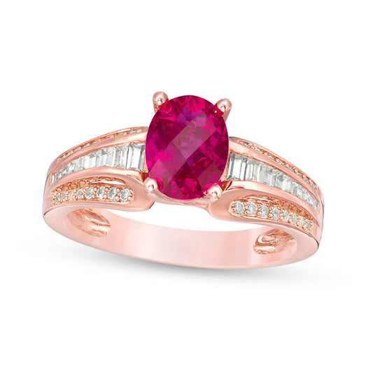 Oval Lab-Created Ruby and White Sapphire Multi-Row Ring in Sterling Silver with Solid 14K Rose Gold Plate