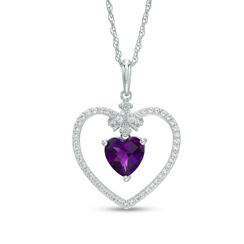 7.0mm Heart-Shaped Amethyst and Lab-Created White Sapphire Heart Pendant in Sterling Silver