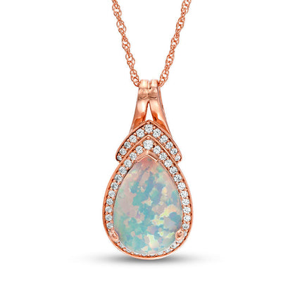 Pear-Shaped Lab-Created Opal and White Sapphire Frame and "V"-Top Pendant in Sterling Silver with 14K Rose Gold Plate