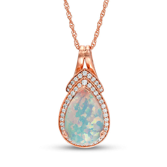 Pear-Shaped Lab-Created Opal and White Sapphire Frame and "V"-Top Pendant in Sterling Silver with 14K Rose Gold Plate