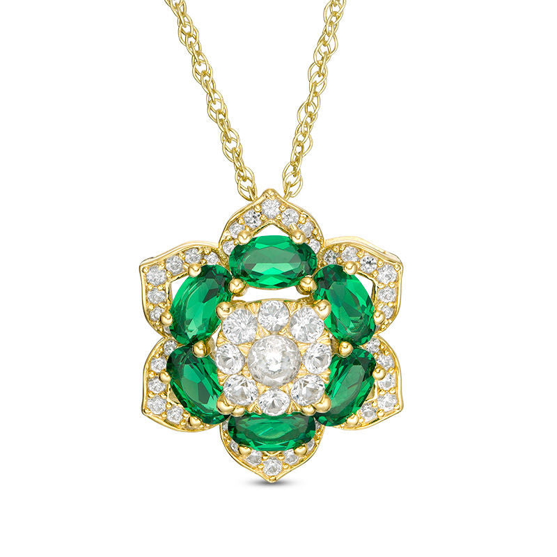 Lab-Created Emerald and White Sapphire Flower Frame Pendant in Sterling Silver with 14K Gold Plate