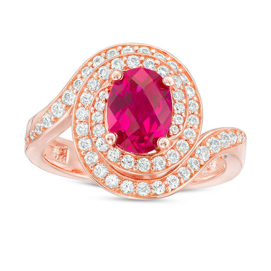 Oval Lab-Created Ruby and White Sapphire Bypass Frame Ring in Sterling Silver with Solid 14K Rose Gold Plate