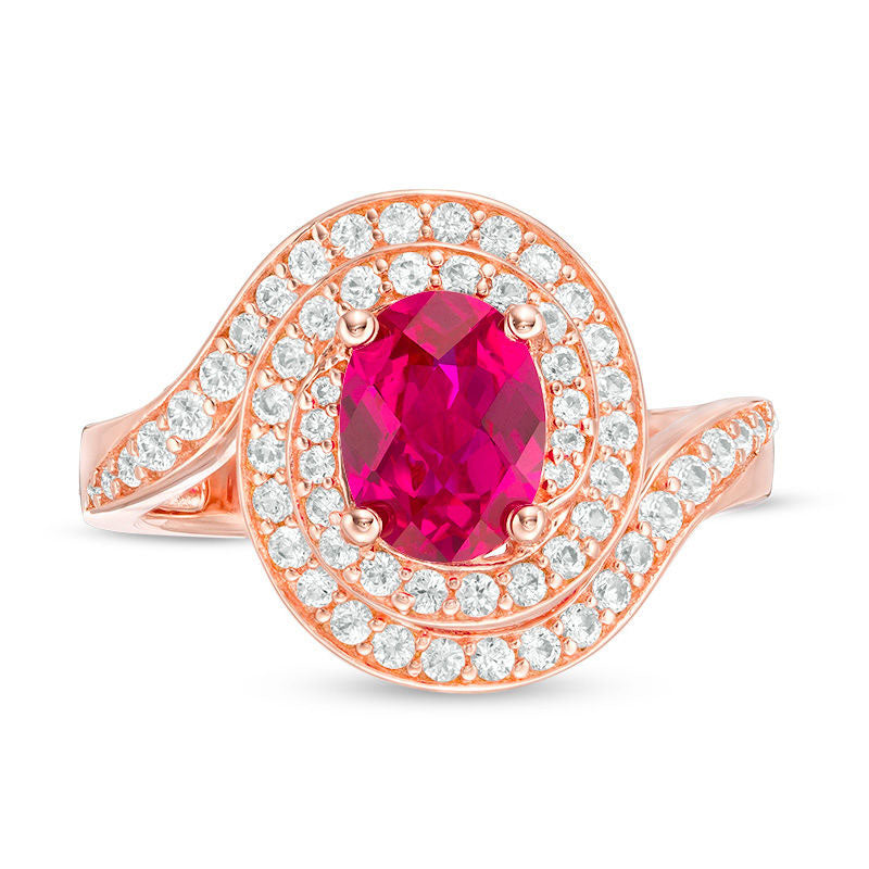 Oval Lab-Created Ruby and White Sapphire Bypass Frame Ring in Sterling Silver with Solid 14K Rose Gold Plate
