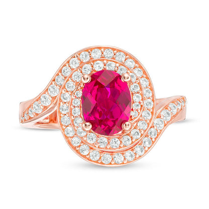 Oval Lab-Created Ruby and White Sapphire Bypass Frame Ring in Sterling Silver with Solid 14K Rose Gold Plate