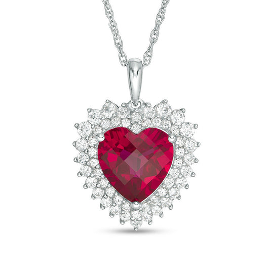 10.0mm Lab-Created Ruby and White Sapphire Sunburst Heart Frame Pendant in Sterling Silver