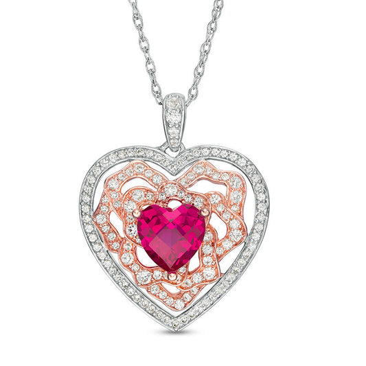 7.0mm Lab-Created Ruby and White Sapphire Heart Pendant in Sterling Silver and 14K Rose Gold Plate