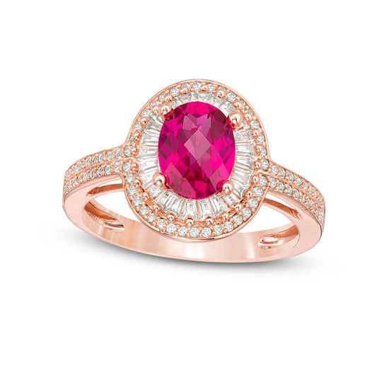 Oval Lab-Created Ruby and White Sapphire Double Frame Ring in Sterling Silver with Solid 14K Rose Gold Plate