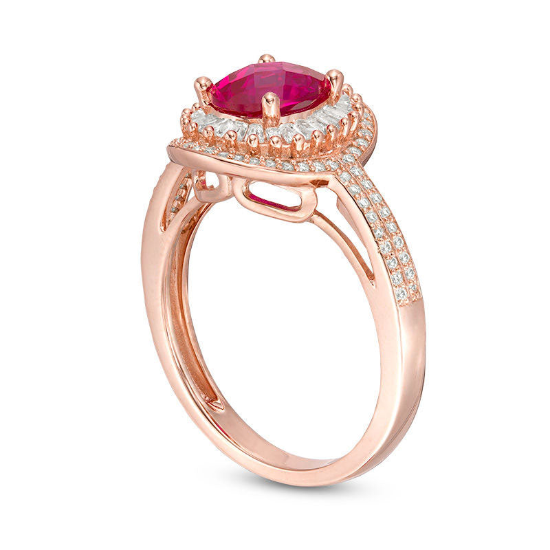 Oval Lab-Created Ruby and White Sapphire Double Frame Ring in Sterling Silver with Solid 14K Rose Gold Plate