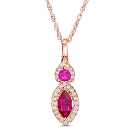 Lab-Created Ruby and White Sapphire Frame Duo Pendant in Sterling Silver with 14K Rose Gold Plate