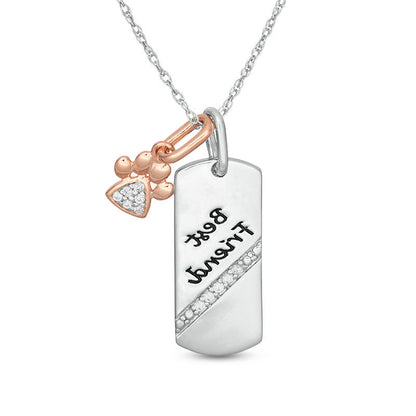 0.07 CT. T.W. Natural Diamond Paw Print and "Best Friend" Dog Tag Pendant in Sterling Silver and 10K Rose Gold