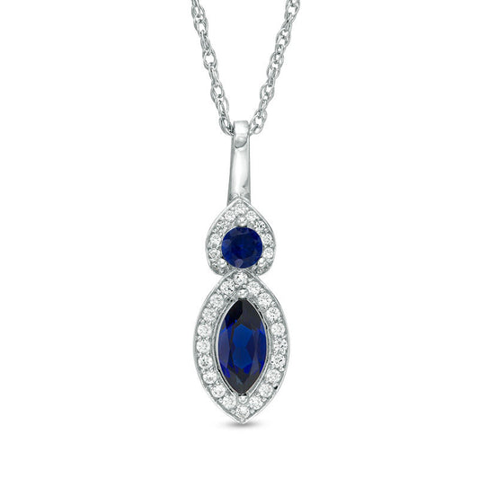 Lab-Created Blue and White Sapphire Frame Duo Pendant in Sterling Silver