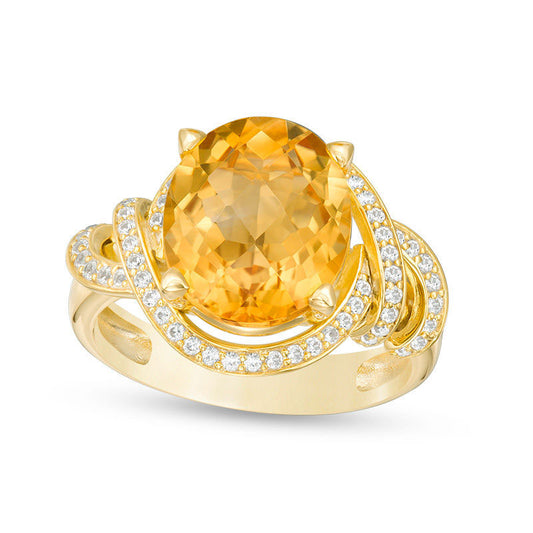 Oval Citrine and Lab-Created White Sapphire Cascading Frame Ring in Sterling Silver with Solid 14K Gold Plate
