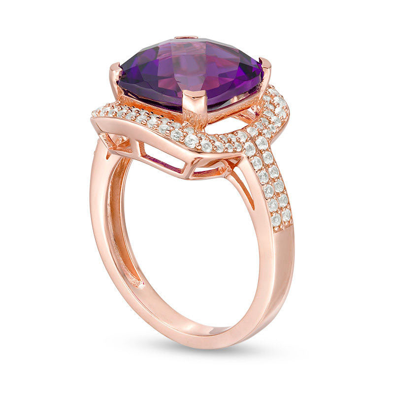 Cushion-Cut Amethyst and Lab-Created White Sapphire Frame Double Row Ring in Sterling Silver with Solid 14K Rose Gold Plate