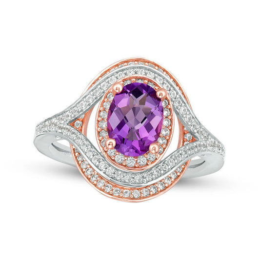 Oval Amethyst and Lab-Created White Sapphire Frame Ring in Sterling Silver with Solid 14K Rose Gold Plate