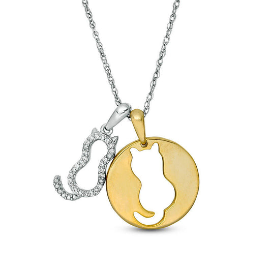 0.05 CT. T.W. Natural Diamond Cut-Out Cat Disc and Cat Outline Pendant in Sterling Silver and 14K Gold Plate