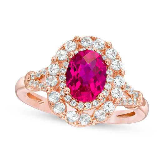 Oval Lab-Created Ruby and White Sapphire Frame Ring in Sterling Silver with Solid 14K Rose Gold Plate