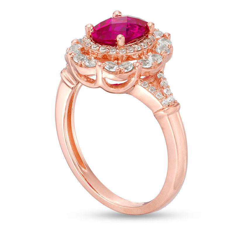 Oval Lab-Created Ruby and White Sapphire Frame Ring in Sterling Silver with Solid 14K Rose Gold Plate