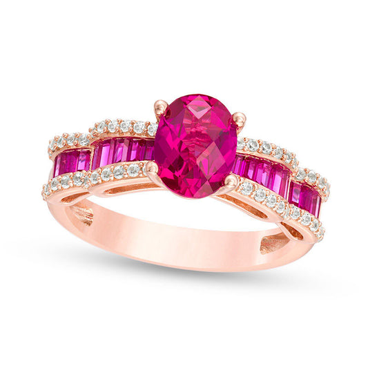 Oval Lab-Created Ruby and White Sapphire Bow Shank Ring in Sterling Silver with Solid 14K Rose Gold Plate