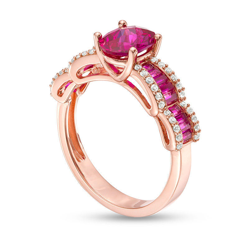 Oval Lab-Created Ruby and White Sapphire Bow Shank Ring in Sterling Silver with Solid 14K Rose Gold Plate