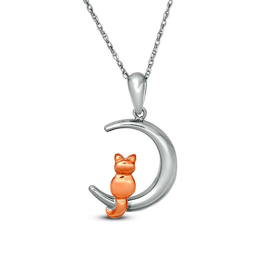 Sitting Cat on Crescent Moon Pendant in Sterling Silver and 10K Rose Gold