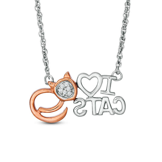 Natural Diamond Accent "I Heart CATS" Necklace in Sterling Silver and 10K Rose Gold - 17.5"