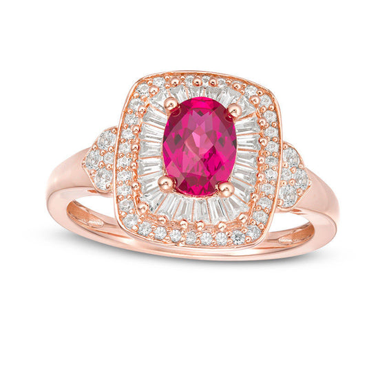 Oval Lab-Created Ruby and White Sapphire Cushion Frame Ring in Sterling Silver with Solid 14K Rose Gold Plate
