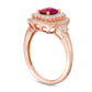 Oval Lab-Created Ruby and White Sapphire Cushion Frame Ring in Sterling Silver with Solid 14K Rose Gold Plate