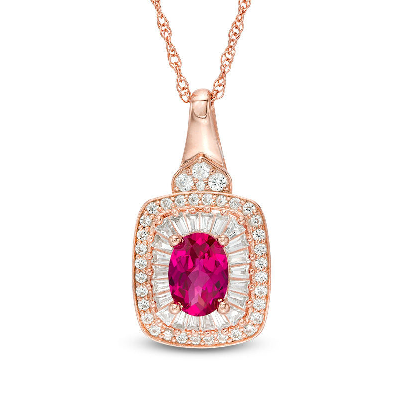 Oval Lab-Created Ruby and White Sapphire Cushion Frame Pendant in Sterling Silver with 14K Rose Gold Plate