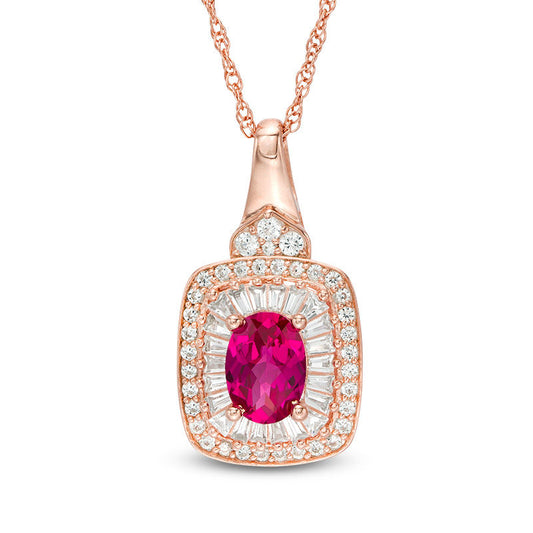 Oval Lab-Created Ruby and White Sapphire Cushion Frame Pendant in Sterling Silver with 14K Rose Gold Plate
