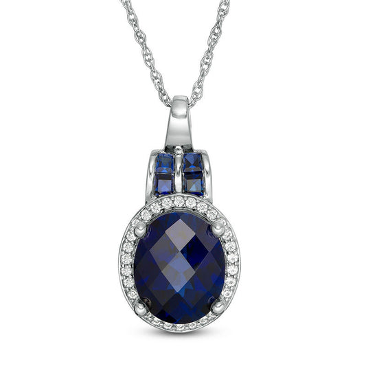 Oval Lab-Created Blue and White Sapphire Frame Pendant in Sterling Silver