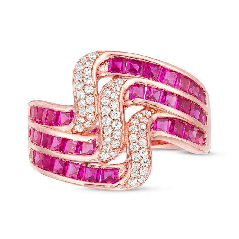 Princess-Cut Lab-Created Ruby and White Sapphire Multi-Row Wave Ring in Sterling Silver with Solid 14K Rose Gold Plate