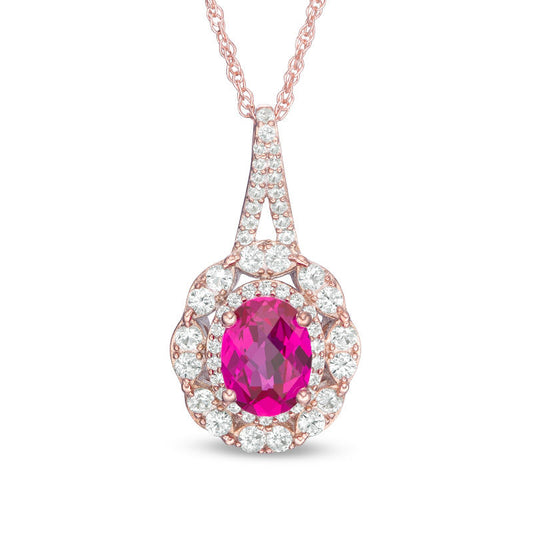 Oval Lab-Created Ruby and White Sapphire Double Frame Pendant in Sterling Silver with 14K Rose Gold Plate