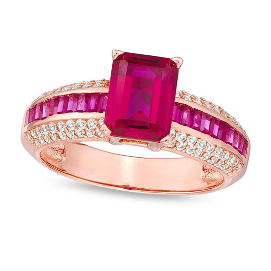 Emerald-Cut Lab-Created Ruby and White Sapphire Ring in Sterling Silver with Solid 14K Rose Gold Plate