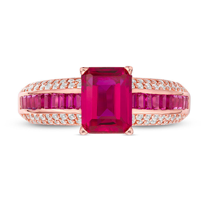 Emerald-Cut Lab-Created Ruby and White Sapphire Ring in Sterling Silver with Solid 14K Rose Gold Plate