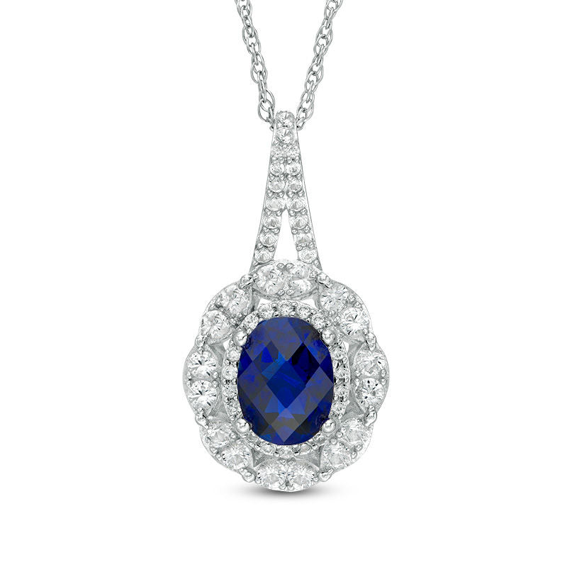 Oval Lab-Created Blue and White Sapphire Double Frame Pendant in Sterling Silver